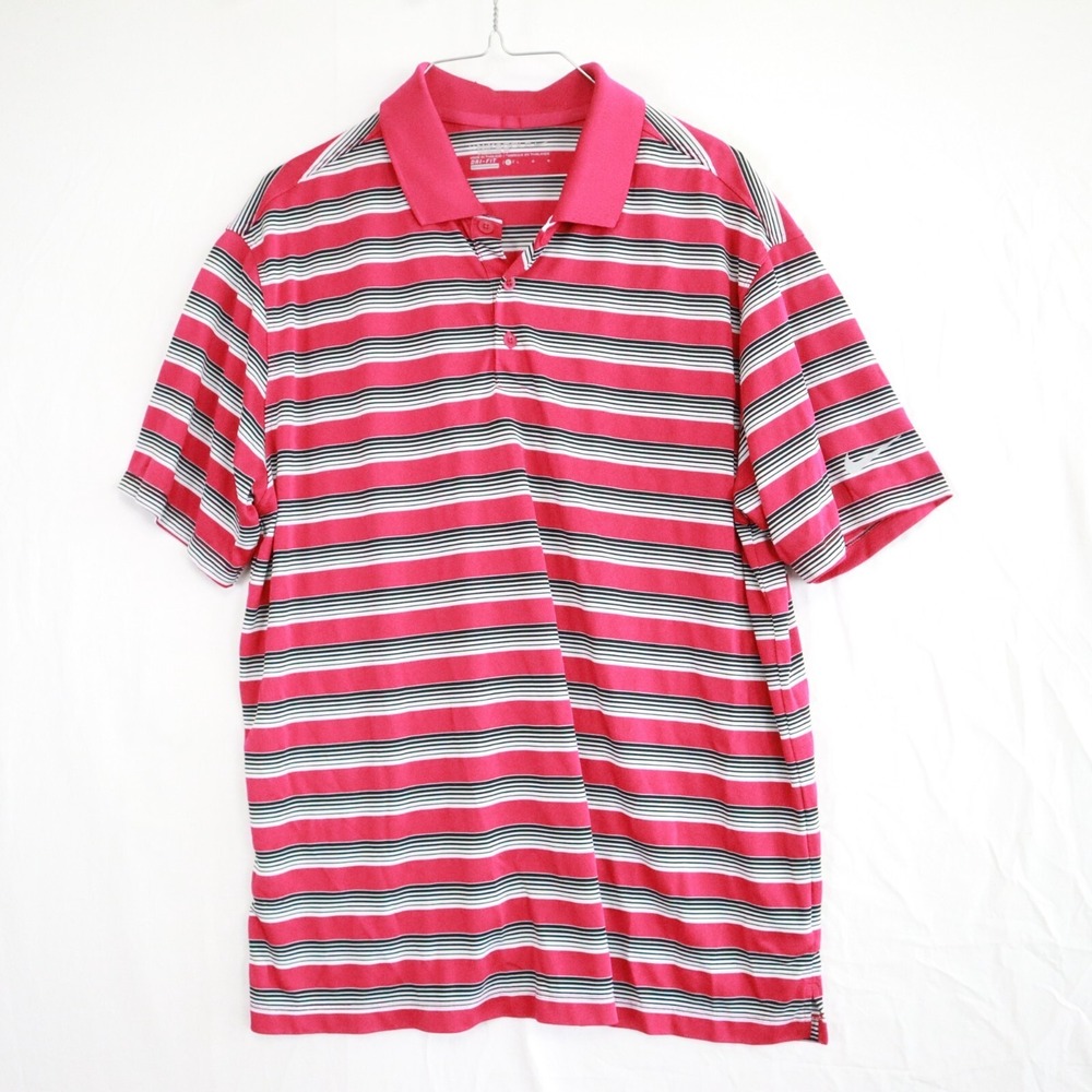 Nike Golf Polo Shirt‎ Mens Large Dri-Fit Standard Fit Pink Striped Short Sleeve